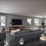 Salon moderne avec canapé gris et TV murale.