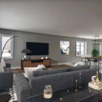 Salon moderne avec canapé et table à manger.